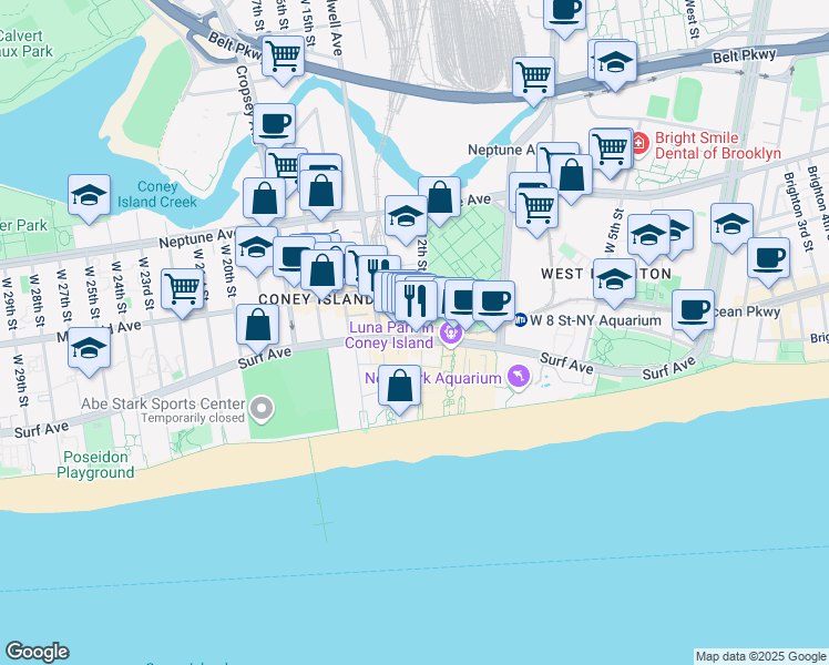 map of restaurants, bars, coffee shops, grocery stores, and more near 2906w West 12th Street in Brooklyn