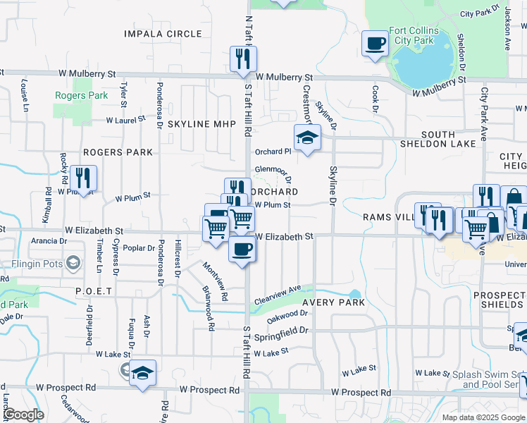 map of restaurants, bars, coffee shops, grocery stores, and more near 2021 West Plum Street in Fort Collins