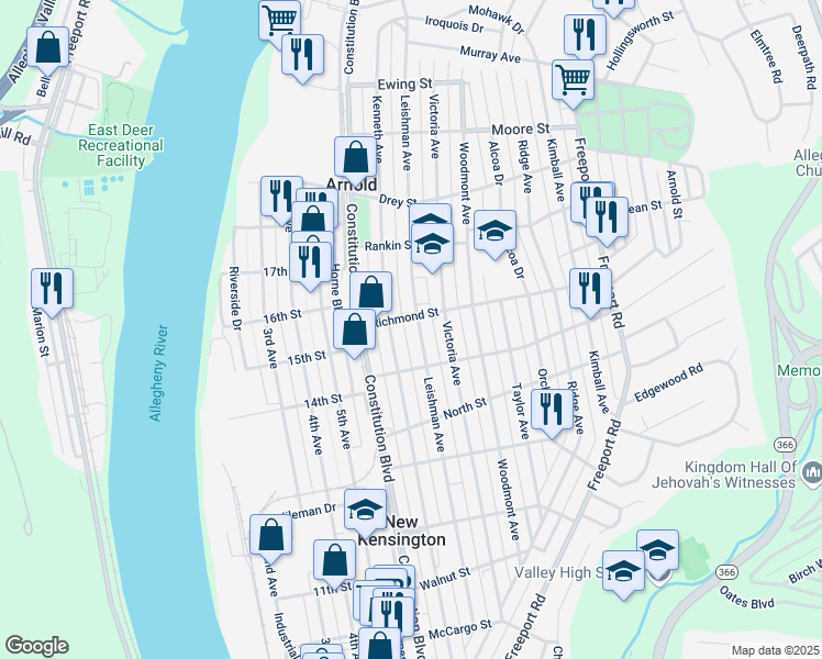 map of restaurants, bars, coffee shops, grocery stores, and more near 1627 Leishman Avenue in New Kensington