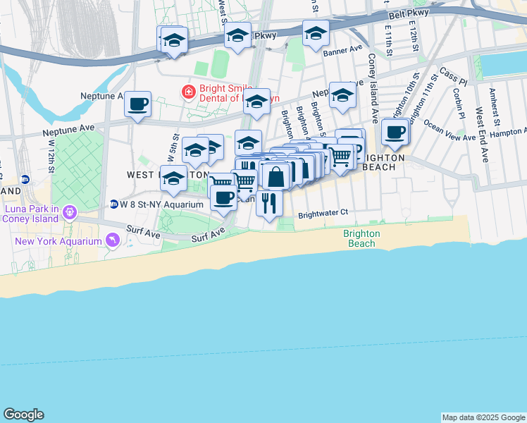 map of restaurants, bars, coffee shops, grocery stores, and more near 229 Brighton Beach Avenue in Brooklyn
