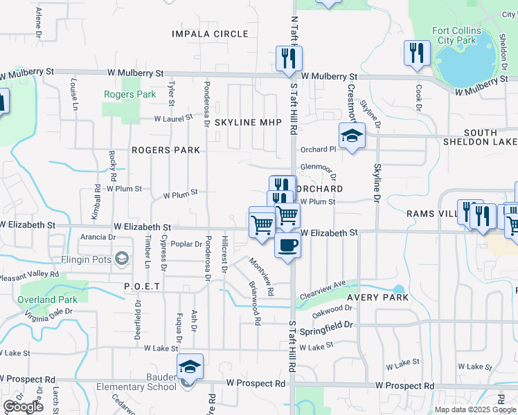 map of restaurants, bars, coffee shops, grocery stores, and more near 2156 West Plum Street in Fort Collins