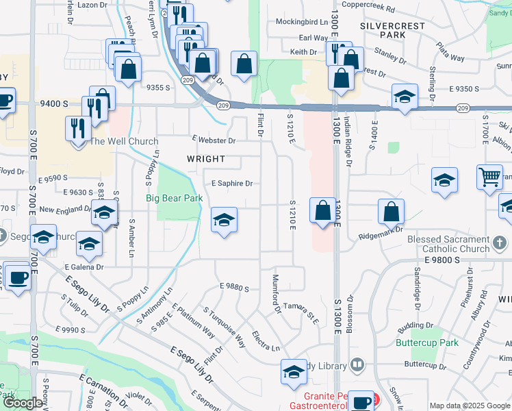 map of restaurants, bars, coffee shops, grocery stores, and more near 9626 Flint Drive in Sandy