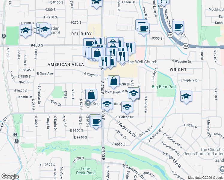 map of restaurants, bars, coffee shops, grocery stores, and more near 9641 700 East in Sandy