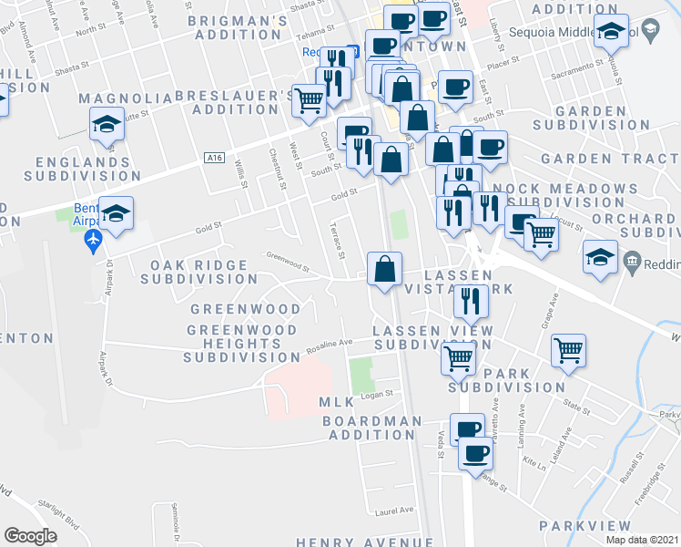 map of restaurants, bars, coffee shops, grocery stores, and more near 2196 Terrace Street in Redding