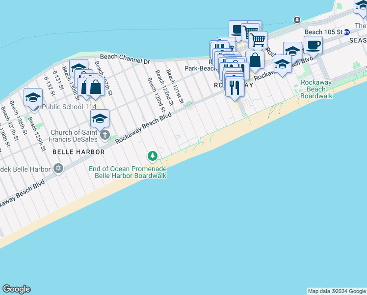map of restaurants, bars, coffee shops, grocery stores, and more near 150 Beach 123rd Street in Queens
