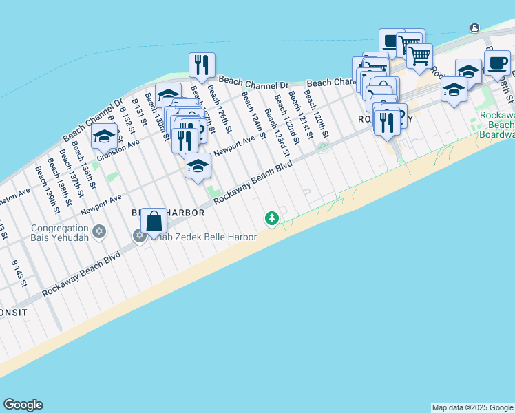 map of restaurants, bars, coffee shops, grocery stores, and more near 184 Beach 126th Street in Queens