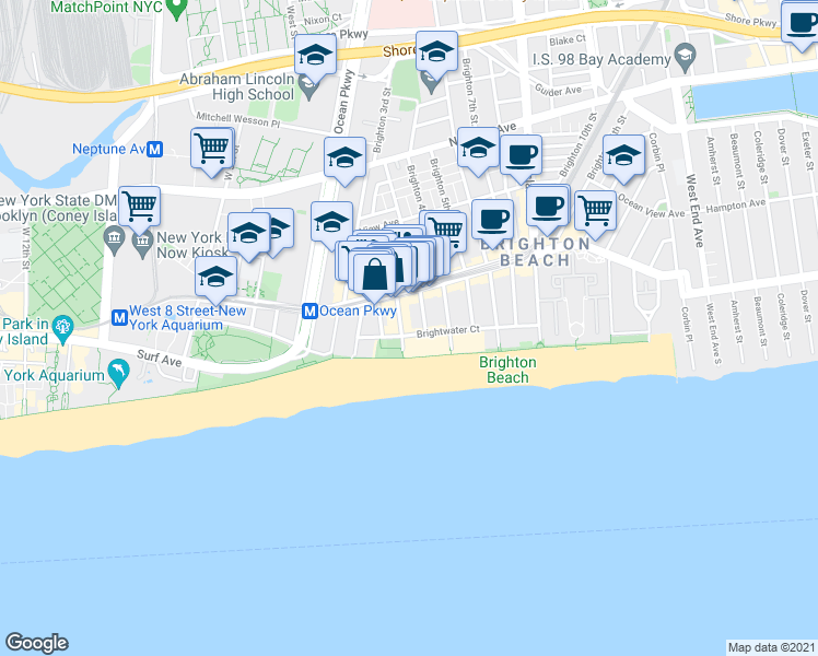 map of restaurants, bars, coffee shops, grocery stores, and more near 3089 Brighton 2nd Street in Brooklyn