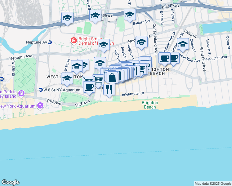 map of restaurants, bars, coffee shops, grocery stores, and more near 3089 Brighton 2nd Street in Brooklyn