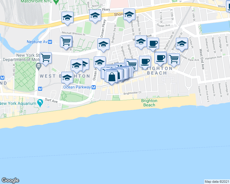 map of restaurants, bars, coffee shops, grocery stores, and more near 3089 Brighton 2nd Street in Brooklyn
