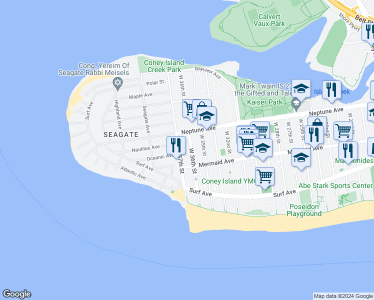 map of restaurants, bars, coffee shops, grocery stores, and more near 2816 West 36th Street in Brooklyn