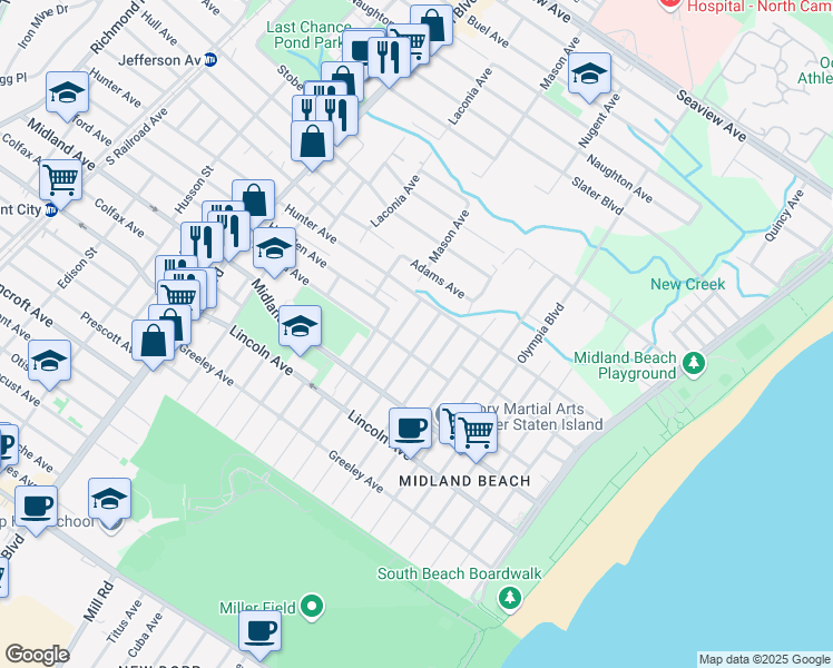map of restaurants, bars, coffee shops, grocery stores, and more near 121 Moreland Street in Staten Island