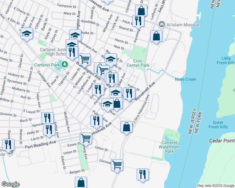 map of restaurants, bars, coffee shops, grocery stores, and more near 172 A Roosevelt Avenue in Carteret