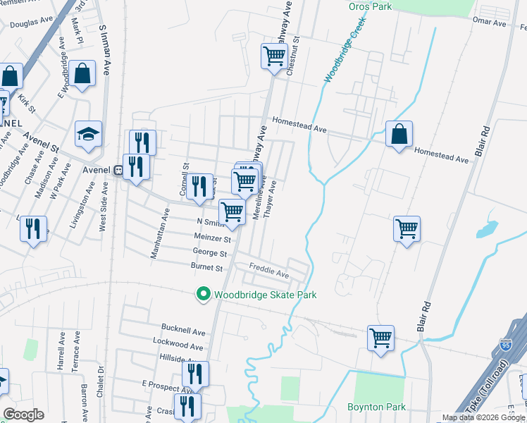 map of restaurants, bars, coffee shops, grocery stores, and more near 1020 Thayer Avenue in Woodbridge Township