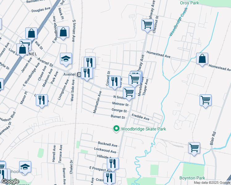 map of restaurants, bars, coffee shops, grocery stores, and more near 59 Harvard Avenue in Woodbridge Township