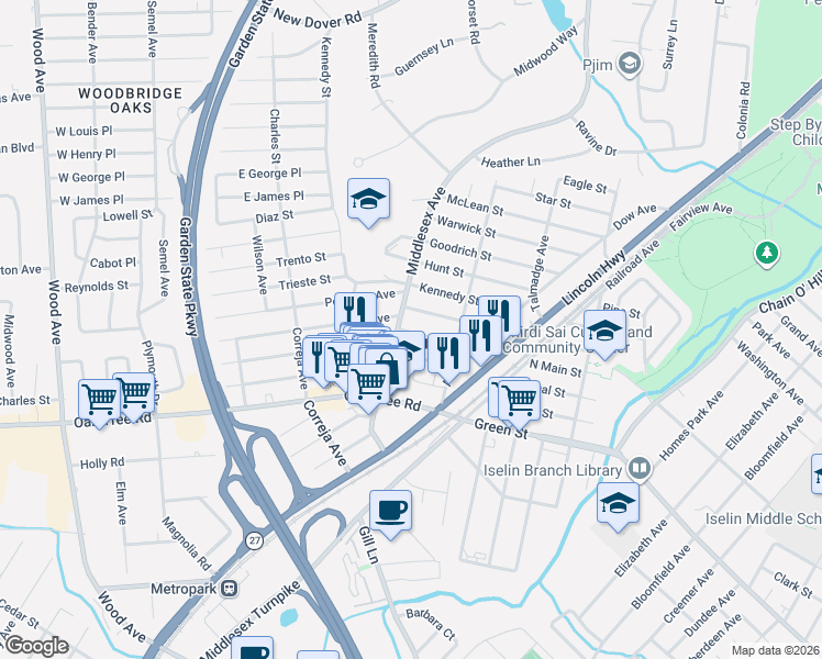 map of restaurants, bars, coffee shops, grocery stores, and more near 76 Coakley Street in Woodbridge Township