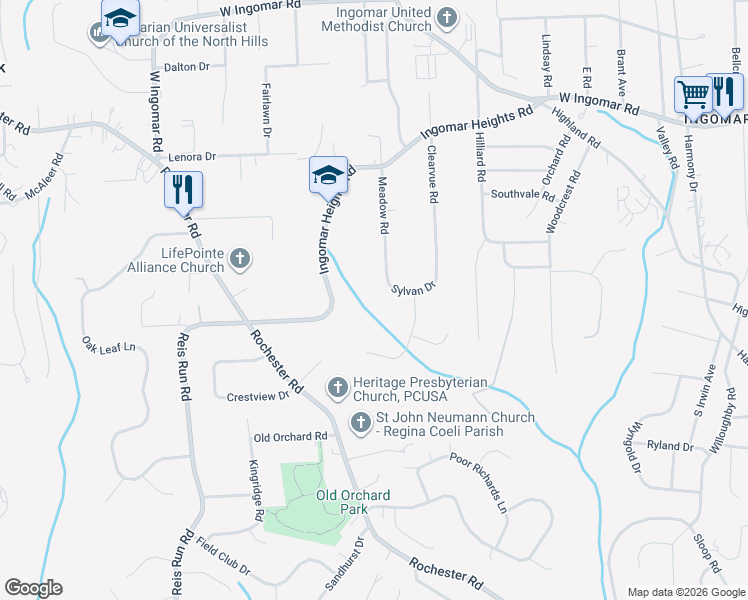 map of restaurants, bars, coffee shops, grocery stores, and more near 2282 Meadow Road in Pittsburgh