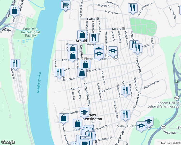 map of restaurants, bars, coffee shops, grocery stores, and more near 1711 Kenneth Avenue in New Kensington