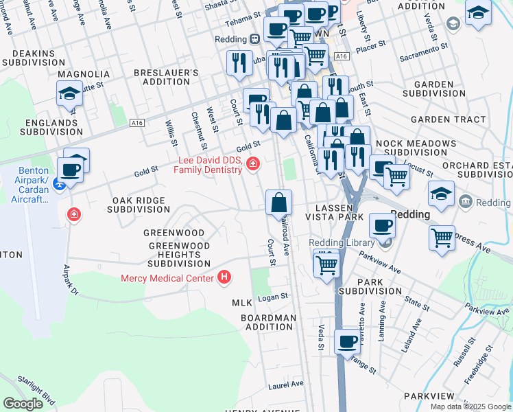 map of restaurants, bars, coffee shops, grocery stores, and more near 2209 Court Street in Redding