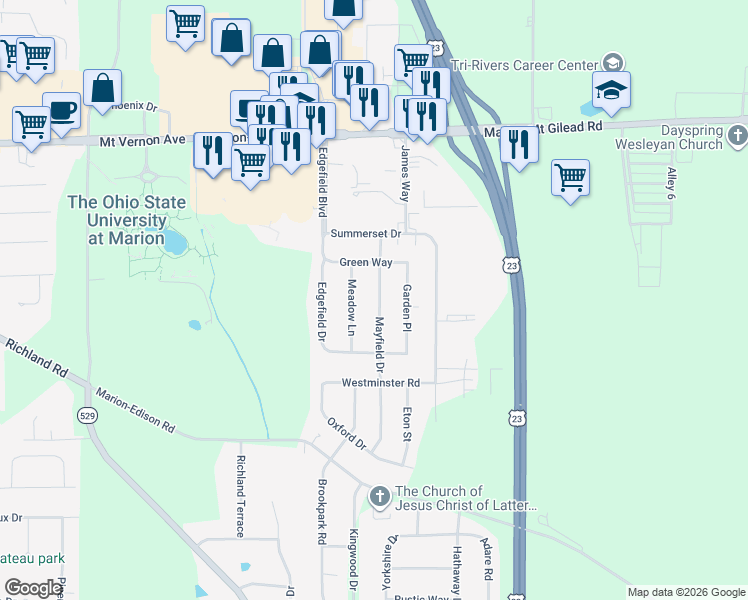 map of restaurants, bars, coffee shops, grocery stores, and more near 433 Mayfield Drive in Marion