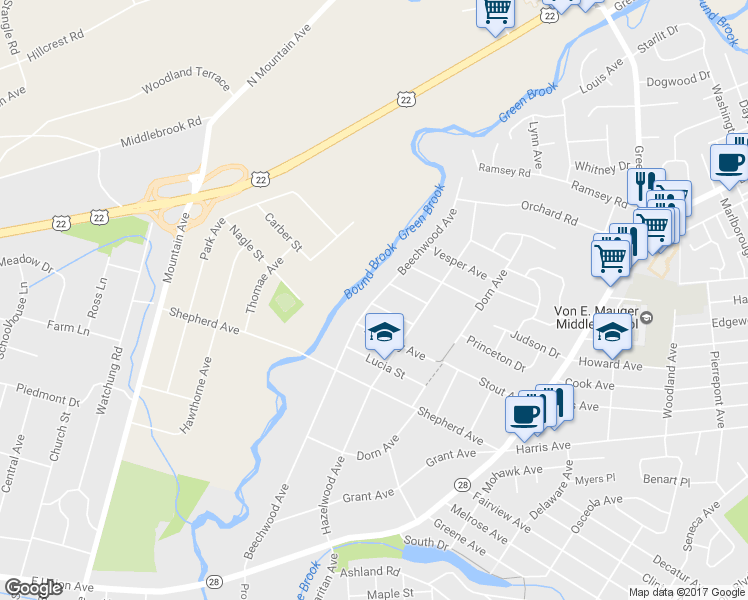 map of restaurants, bars, coffee shops, grocery stores, and more near 715 Beechwood Avenue in Middlesex