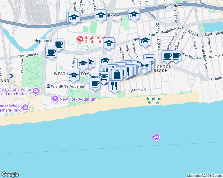 map of restaurants, bars, coffee shops, grocery stores, and more near 40 Brighton 1st Road in Brooklyn