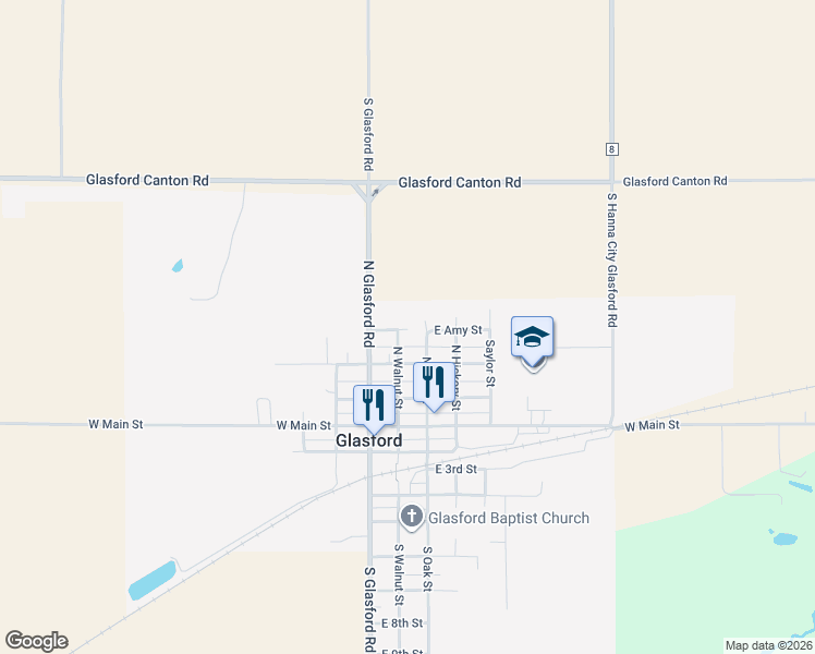 map of restaurants, bars, coffee shops, grocery stores, and more near 200 East Amy Street in Glasford