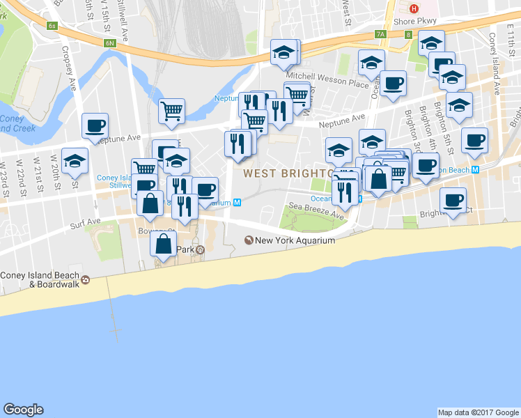 map of restaurants, bars, coffee shops, grocery stores, and more near 543 Surf Avenue in Brooklyn