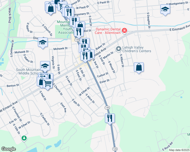 map of restaurants, bars, coffee shops, grocery stores, and more near 2349 South 4th Street in Allentown