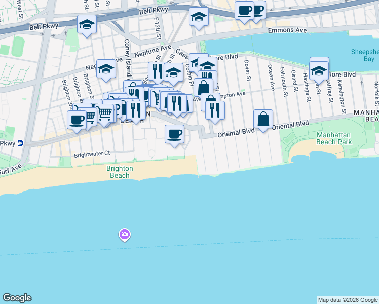 map of restaurants, bars, coffee shops, grocery stores, and more near 211 Brighton 15th Street in Brooklyn