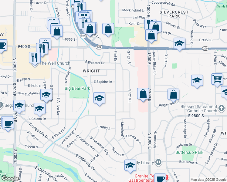 map of restaurants, bars, coffee shops, grocery stores, and more near 9626 Flint Drive in Sandy