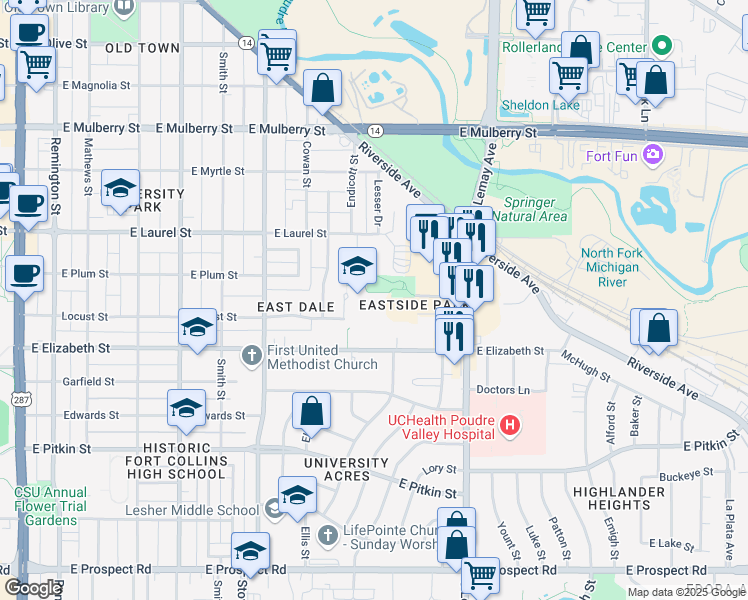 map of restaurants, bars, coffee shops, grocery stores, and more near 1000 Locust Street in Fort Collins