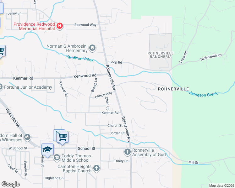 map of restaurants, bars, coffee shops, grocery stores, and more near 1155-3189 Huffman Drive in Fortuna