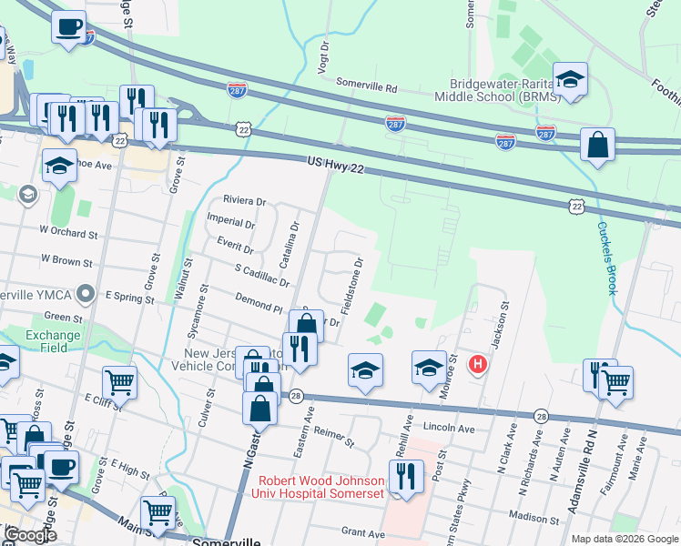 map of restaurants, bars, coffee shops, grocery stores, and more near 16 Fieldstone Drive in Somerville