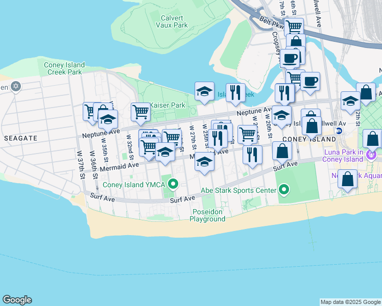 map of restaurants, bars, coffee shops, grocery stores, and more near 2866 West 27th Street in Brooklyn