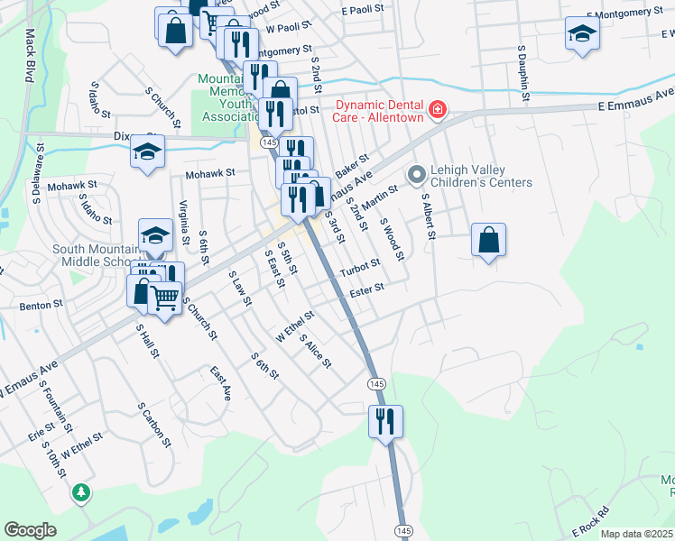 map of restaurants, bars, coffee shops, grocery stores, and more near 2349 South 4th Street in Allentown