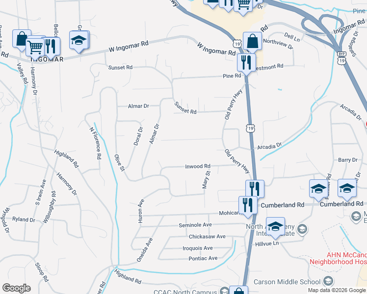 map of restaurants, bars, coffee shops, grocery stores, and more near 242 Moreland Road in Pittsburgh