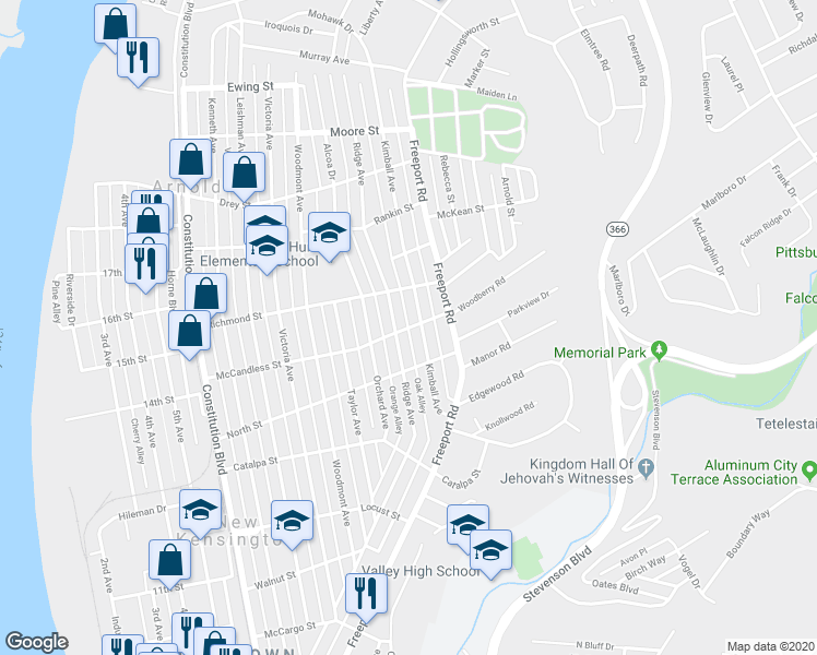 map of restaurants, bars, coffee shops, grocery stores, and more near 1601 Oak Alley in Arnold