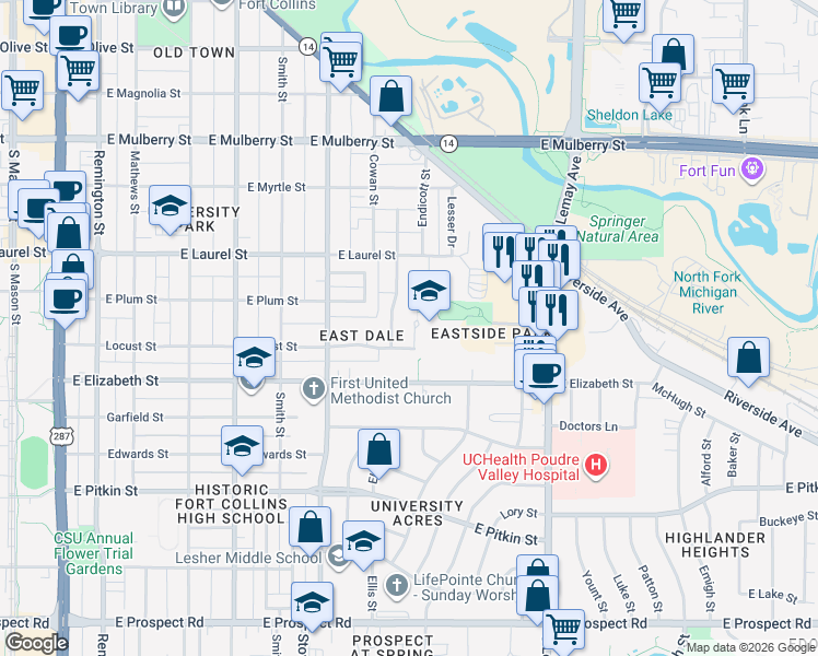 map of restaurants, bars, coffee shops, grocery stores, and more near 727 Colorado Street in Fort Collins