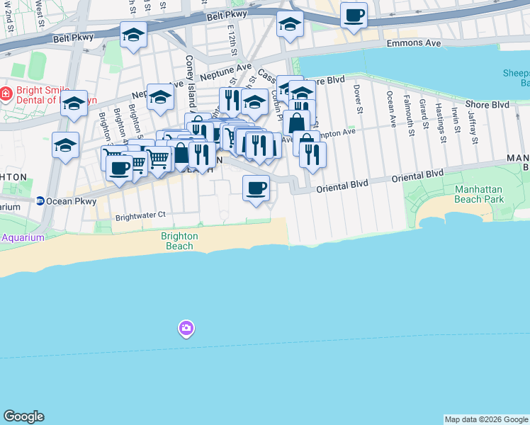 map of restaurants, bars, coffee shops, grocery stores, and more near 3131 Brighton 13th Street in Brooklyn