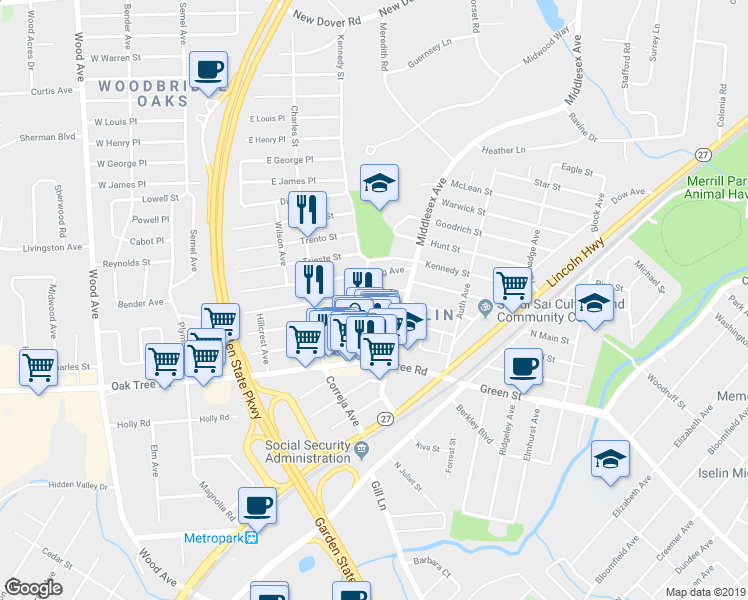 map of restaurants, bars, coffee shops, grocery stores, and more near 35 Fiat Avenue in Woodbridge Township