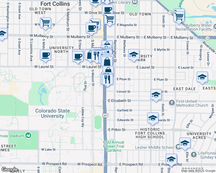 map of restaurants, bars, coffee shops, grocery stores, and more near 802 South College Avenue in Fort Collins