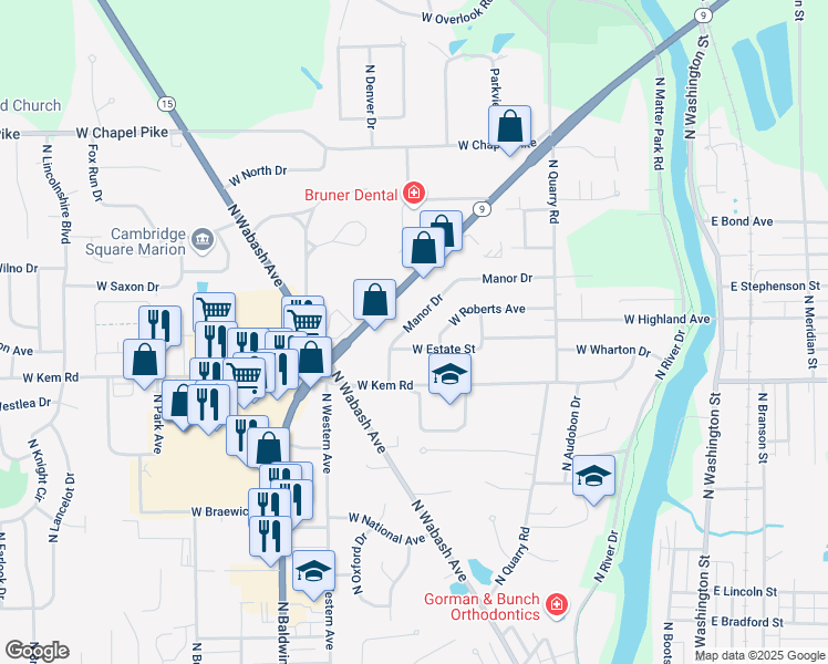 map of restaurants, bars, coffee shops, grocery stores, and more near 1405 North Manor Drive in Marion