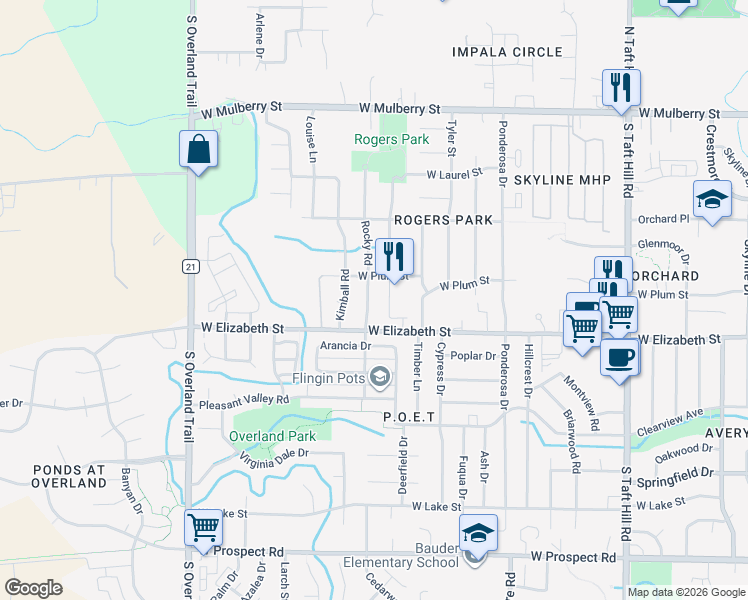 map of restaurants, bars, coffee shops, grocery stores, and more near 900 Rocky Road in Fort Collins