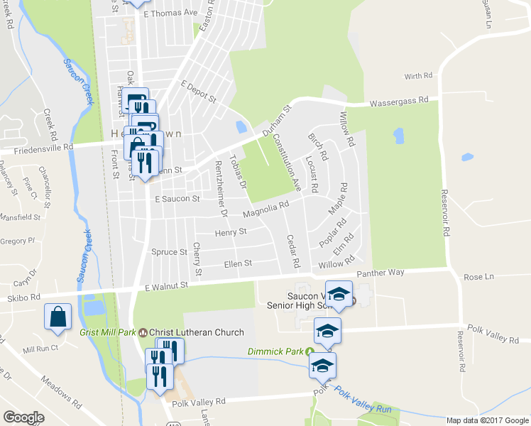 map of restaurants, bars, coffee shops, grocery stores, and more near 730 Magnolia Road in Hellertown