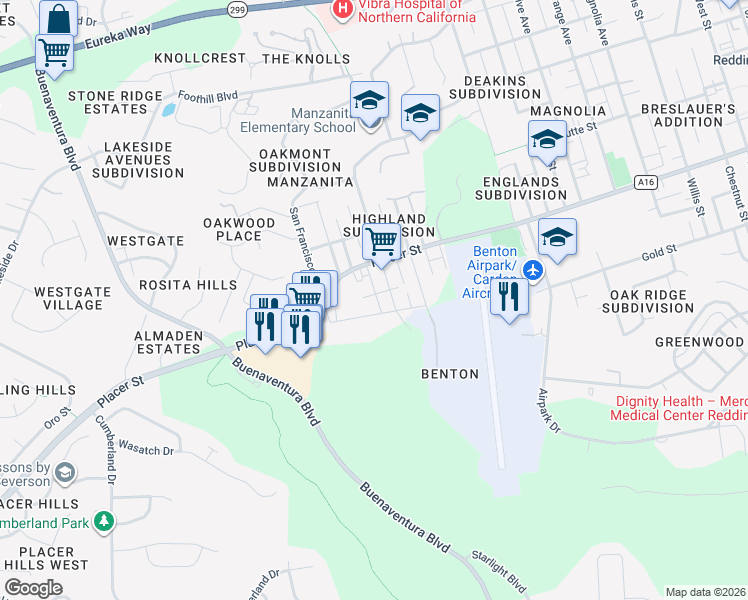 map of restaurants, bars, coffee shops, grocery stores, and more near 3035 Sacramento Street in Redding