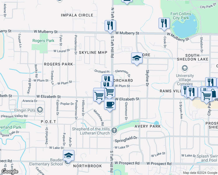 map of restaurants, bars, coffee shops, grocery stores, and more near 833 South Taft Hill Road in Fort Collins