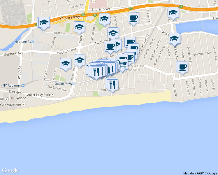 map of restaurants, bars, coffee shops, grocery stores, and more near 3110 Brighton 4th Street in Brooklyn