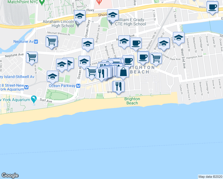 map of restaurants, bars, coffee shops, grocery stores, and more near 3110 Brighton 4th Street in Brooklyn