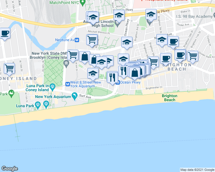 map of restaurants, bars, coffee shops, grocery stores, and more near 3100 Ocean Parkway in Brooklyn