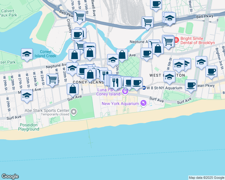 map of restaurants, bars, coffee shops, grocery stores, and more near 2906w West 12th Street in Brooklyn